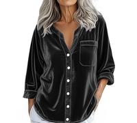 TDEOK Samt Oberteil Damen Schwarz, Langarmshirt Damen Oversize Samtbluse Bequeme Tunika Große Größen Hemdbluse Lässige Samtshirt Stretch Longsleeve Casual Sweatshirt Freizeitshirt Vintage Damenbluse