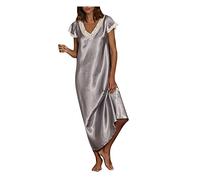 TDEOK Satin Nachtkleid Damen Lang, Nachthemd Damen Lange Satin Nachtwäsche V-Ausschnitt Schlafshirt Kurzarm Unterkleid Große Größen Negligee Nachtwäsche Sleepwear Seiden Nachtwäsche Satin-Sleepshirt
