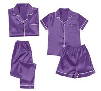 TDEOK Satin Pyjama Damen 4 Teiliges Schlafanzug Set Silky Pjs, Nachtwäsche | Set Kurz Sommer: Seiden Nachtwäsche Kurz Und Lang Hausanzug Dünner Loungewear Leicht Loungewear Seidenschlafanzug