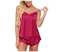 TDEOK Seiden Shorty Pyjama Kurz Damen Sexy Nachtwäsche Satin-Schlafanzug Ärmellos Nachthemden Kurz Pyjama-Set Große Größen Schlafanzug Kurze Pyjamahose Zweiteiliger Hausanzug Schlafshorts