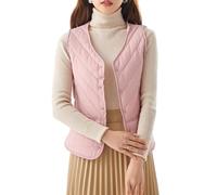 TDNEKMCA Daunenweste Aus Baumwolle Mit V-Ausschnitt Für Damen, Plus Samtknöpfe, Steppweste, Ärmellose Jacke, Verdickte Daunenweste Für Damen, Verstaubare Weste, Warmer Bodywarmer, Pink, L