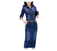 Tdvcpmkk Damen Frühling und Herbst Denim Kleid Langarm Jeans Arm Wickelkleid, blau, L