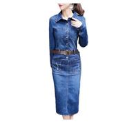 Tdvcpmkk Damen Jeanskleid Frühling und Herbst Slim Langarm über dem Knie Langer Rock Jeanskleid, blau, 52