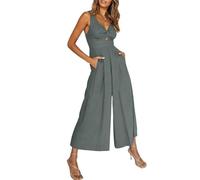 Tdvcpmkk Damen Jumpsuit mit V-Ausschnitt, hohl, hohe Taille, rückenfrei, ärmellos, weites Bein, grau, 42