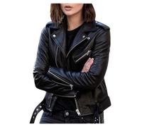 Tdvcpmkk Damen Slim Fit PU Lederjacke Herbst und Winter Langarm Leder Kurze Jacke, Schwarz, S