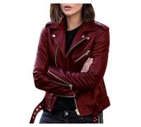 Tdvcpmkk Damen Slim Fit PU Lederjacke Herbst und Winter Langarm Leder Kurze Jacke, weinrot, L