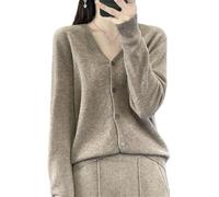 Tdvcpmkk Damen-Strickjacke aus Merinowolle mit V-Ausschnitt aus Kaschmir, Strickoberteil, Braun Grau, XL
