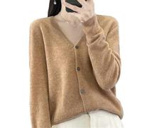 Tdvcpmkk Damen-Strickjacke aus Merinowolle mit V-Ausschnitt aus Kaschmir, Strickoberteil, Gold, Braun, Grau, L