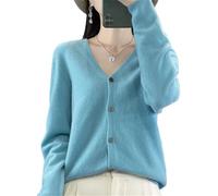 Tdvcpmkk Damen-Strickjacke aus Merinowolle mit V-Ausschnitt aus Kaschmir-Strickoberteil, seeblau, M