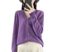 Tdvcpmkk Damen-Strickjacke aus Merinowolle mit V-Ausschnitt aus Kaschmir, Strickoberteil, violett, L