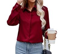 Tdvcpmkk Frauen Einfarbig Casual Lose Langarm Hemd Dunkel Knopf Chiffon Hemd Büro Damen Kleidung, Weinrot, Klein