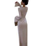 Tdvcpmkk Maxikleid für Damen, Satin, Rundhalsausschnitt, langärmelig, Trompetenärmel, schmale Passform, französischer Retro-Stil, Hochzeit, Party, Abschlussball, Maxikleid, beige, S