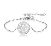 TEAMER Heiliger Benedikt Armband Edelstahl St. Benedikt Anhänger Jesus Kreuz Religiöses Katholisches Amulett der Stärke Frieden Gebet Schmuck Für Frauen Männer (Silber)