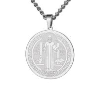 TEAMER Katholische Sankt Benedikt Siegel Halskette Edelstahl St. Benedikt Anhänger Jesus Kreuz Religiöses Amulett der Stärke Frieden Gebet Schmuck Für Männer Frauen (Sankt-Benedikt-Halskette - Silber)
