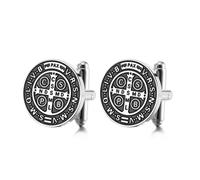 TEAMER St. Benedikt Manschettenknöpfe Edelstahl St. Benedikt Manschettenknöpfe Jesus Kreuz Religiöses Katholisches Amulett der Stärke Glaube Schutz Frieden Gebet Schmuck Für Frauen Männer (Silber)