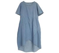 Tebreux Damen Leinen Midikleid Oversized Kurzarm Sommerkleid Baggy Tunika Kleider mit Taschen, Jean Blue, X-Groß