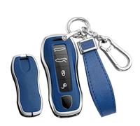 TECART Leder Smart Autoschlüssel Hülle cover Passt für Porsche 911 971 9YA Macan Boxster Carrera Taycan Panamera Cayenne Tragbar Schutzhülle Schlüsselcover Zubehör 4 Taste B Silber Blau