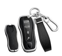 TECART Leder Smart Autoschlüssel Hülle Cover Passt für Porsche 911 971 9YA Macan Boxster Carrera Taycan Panamera Cayenne Tragbar Schutzhülle Schlüsselcover Zubehör 4 Taste B Silber Schwarz