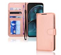 TECHGEAR Moto G14 Leder Wallet Case Flip Schutzhülle mit [RFID BLOCKING] Wallet Card Holder Stand & Wrist Strap Rose Gold PU Leder mit Magnetverschluss für Motorola Moto G14