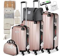 TecTake® 19-teiliges Hartschalenkoffer-Set, ABS-Hartschale, TSA-Schloss, Teleskopgriff, Kofferwaage, Kofferanhänger, Packwürfelset, 360° Rollen, abteilbarer Innenraum - Roségold