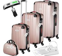 tectake® 4-teiliges Reisekoffer Kofferset inkl. Kofferwage und Gepäckanhänger, 360° Rollen, Hartschalenkoffer mit Zahlenschloss, Koffer groß, ineinander stapelbar, Trolley Handgepäck - roségold