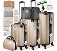 TecTake® Hartschalenkoffer-Set, 19-teilig, ABS-Hartschale, mit TSA-Schloss, 360° Rollen, Packwürfeln, Kofferwaage, Gepäckanhänger, Beautycase, Kulturbeutel, Teleskopgriff - Champagner