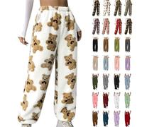 Teddy Fleece Hosen Damen Warm Plüsch Jogginghose Winter Lang Pyjamahose Sherpa Fleece Haushose Flauschig Kuschelhose Einfarbig Thermohose Bär Druck Fleecehose Elastische Taille Winterhose Loungewear
