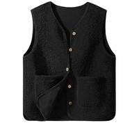Teddy Fleece Weste Damen Ärmellos Fleecejacke Kurz V-Ausschnitt Fleeceweste Knöpfen Teddyfleece Jacke Locker Westen Winter Wärme Teddyweste Casual Winterjacke Plüschweste Übergangsjacke Pelzjacke