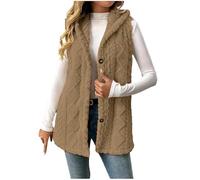 Teddy Fleece Weste Damen Ärmellos Lang Fleecejacke mit Kapuze Knöpfen Teddyfleece Jacke V-Ausschnitt Fleeceweste Locker Westen Winter Wärme Teddyweste Outdoor Winterjacke Plüschweste Übergangsjacke