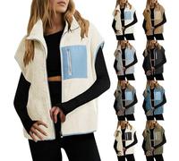 Teddy Fleece Weste Damen, Gilet Damen mit Reißverschluss Fleeceweste Warme Ärmellose Weste mit Taschen Teddyjacke Plüsch Übergangsjack Einfarbig Damenweste Herbstmantel mit Stehkragen Outdoorweste