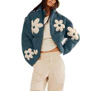 Teddy fleecejacke Damen, Warm Wintermantel mit Blumen, Winterjacke Druck Cropped Teddyfleece Jacke mit Taschen Casual Strickfleecejacke Langarm, Damenmantel Plüschjaken Damen Übergangsjacke Frauen