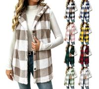 Teddy Weste Damen Leicht Warme Teddyweste mit Kapuze Kariertes Fleeceweste | Damenweste Teddyjacke Elegante Kapuzenweste Ohne Ärmel Kuscheljacke Lässig Übergangsjacke Frauen Bekleidung