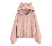 Teddyjacke Damen Kurz: Flauschige Jacke Damen Mit Ohren Fleecejacke Langarm Kapuzenpullover Elegant Pullover Hoodie-Jacke Teenager Mädchen 2023 Sweatshirt Teddy-Fleece Kapuzenjacke Teddyfell-Jacke