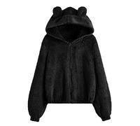 Teddyjacke Damen Kurz: Flauschige Jacke Damen Mit Ohren Fleecejacke Langarm Kapuzenpullover Elegant Pullover Hoodie-Jacke Teenager Mädchen 2023 Sweatshirt Teddy-Fleece Kapuzenjacke Teddyfell-Jacke