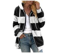 Teddyjacke Damen Mit Kapuze: Fleecejacke Damen Warm Zipper-Kapuzenmantel Super Weiche Übergangmantel Gestreift Fleecemantel Kuschelige Freizeitjacke Weich Bequem Wärmemantel Sweatjacke Fleece-Mantel