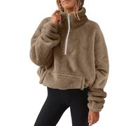 Teddyjacke Damen,Reißverschluss Ausschnitt Pullover mit Tasche Teddy Fleece Hoodie Warm Fleecejacke Stehkragen Winterjacke Weich Übergangsjacke Komfort Mantel Plüschjacke Jacken（#B Brown，S）