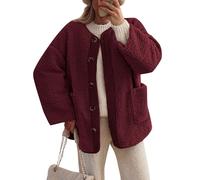 Teddyjacke Damen Winter Dicker Casual Softshellmantel Jacke Damen Lang Reißverschluss Elegant Winterjacke Damen Warm Gefüttert Plüschjacke Langer Holzfäller Jacke Damen Wollmantel Damen(1-Wine,S)