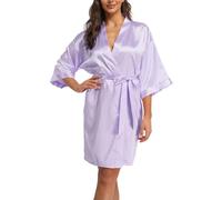Teemie Damen Morgenmantel Bademantel Satin Kimono Robe Nachtwäsche Mit Gürtel Taschen Braut Brautjungfern Kurz Sexy V Ausschnitt Nachthemd Sommer Frauen 3/4 Ärmeln Pajama Hochzeit Party Violett XXL