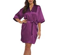 Teemie Damen Morgenmantel Bademantel Satin Kimono Robe Nachtwäsche Mit Gürtel Taschen Braut Brautjungfern Kurz Sexy V Ausschnitt Nachthemd Sommer Frauen 3/4 Ärmeln Pajama Hochzeit Party Lila L