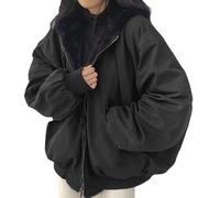 Teen Girl Wendejacke Stehkragen Jacken für Frauen Plus Size Damen Solid Wintermantel Cropped Damen Plüsch und verdickte künstliche Lammwolle Kapuzenjacke auf beiden Seiten, Schwarz , 46