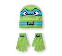 Teenage Mutant Ninja Turtles Jungen-Beanie-Mütze- und Handschuh-Set | TMNT Leonardo Charaktergesicht Wintermütze und gestreifte Strickhandschuhe in Grün | Animierter Krieger-Kopf