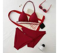Teenager Mädchen 3-teiliges solides rotes Lässig Beach Holiday Strick Bikini Set, Sommer Beach Peitsche-förmiges rückenfreies Camisole Dreieck Bikini