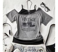 Teenager Mädchen Acubi Verwaschen Grau 2 in 1 Kurzarm T-Shirt, Y2K Retro asymmetrisches Schulterfrei Vintage Auto Muster figurbetontes Slim Fit T-Shir