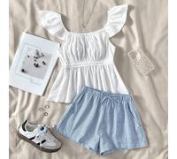 Teenager Mädchen Allround lässiges vielseitiges Jacquard-Lose-Passform Blusenshirt mit Puffärmeln & gestreifter A-Linien Minirock, Frühling & Sommer