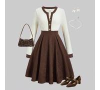Teenager Mädchen Herbstkleider elegant Jacquard V-Ausschnitt Metallknöpfe Dekor Langarm figurbetontes Strick Mini-Kleid, lässig Outdoor Party Abschlus