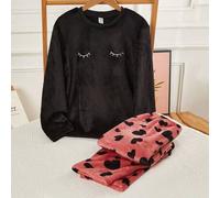 Teenager Mädchen Schwarzer flauschiger Sweatshirt mit Wimpern besticktem Herzmuster & bequeme lange Hose Pyjama Set