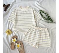 Teenager Mädchen T-Shirt Co-Ords Sommer Neu Lässig Urlaub Alltag Blau und Weiß Strukturierte Streifen Lose Kurzarm T-Shirt und Shorts Set