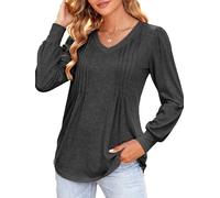 Teesho Damen Langarmshirt Longshirt Elegant V-Ausschnitt Blusen Baumwolle Oberteile Herbst Shirts Lose Lang Tops Tunika(schwarz/M)