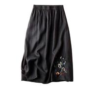 TEidea Rock Damen Stickte Schwarze Baumwoll- Und Leinenröcke, Losen Elastischen Gürtel A-Line Midi-Röcken-Schwarz-XL