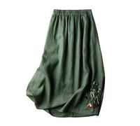 TEidea Rock Damen Stickte Schwarze Baumwoll- Und Leinenröcke, Losen Elastischen Gürtel A-Line Midi-Röcken-Grün-M